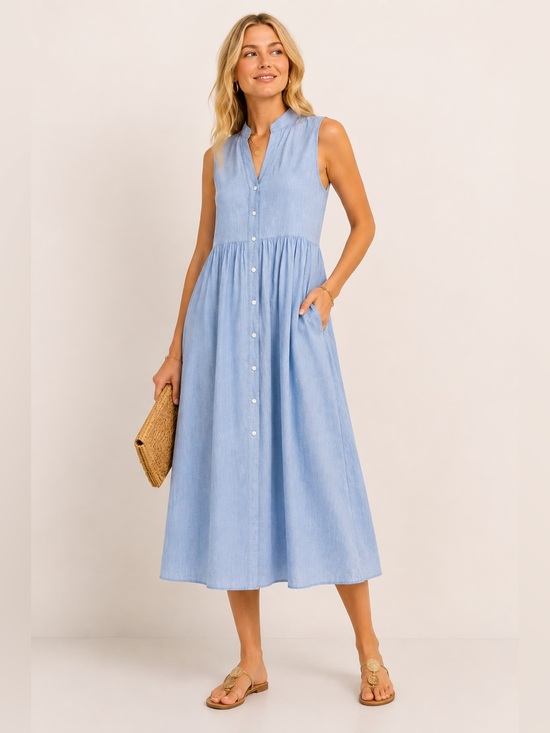 Beau & Ro Dresses & Skirts - Beau & Ro Chambray Blue Button Front Midi Maxi Dress – Size Medium